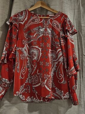 River Island Red Paisley Ruffle Sleeve Blouse Size 14 UK/ 10 US